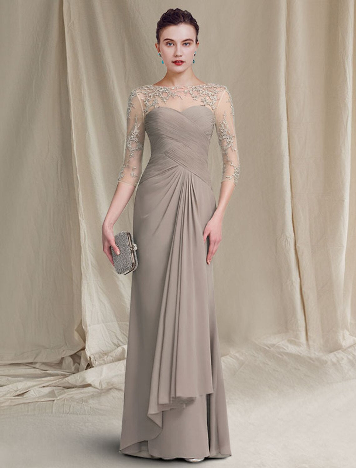 Vestido elegante de talla grande para madre de la novia, corte A, escote joya, largo hasta el suelo, gasa, encaje, manga 3/4 con apliques fruncidos